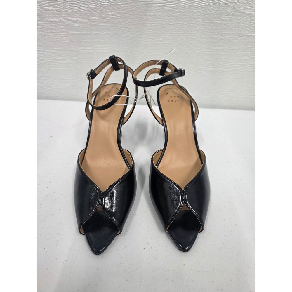 A New Day Black Peep Toe Ankle Strap Stiletto Heels Women's 7.5 Memory Foam